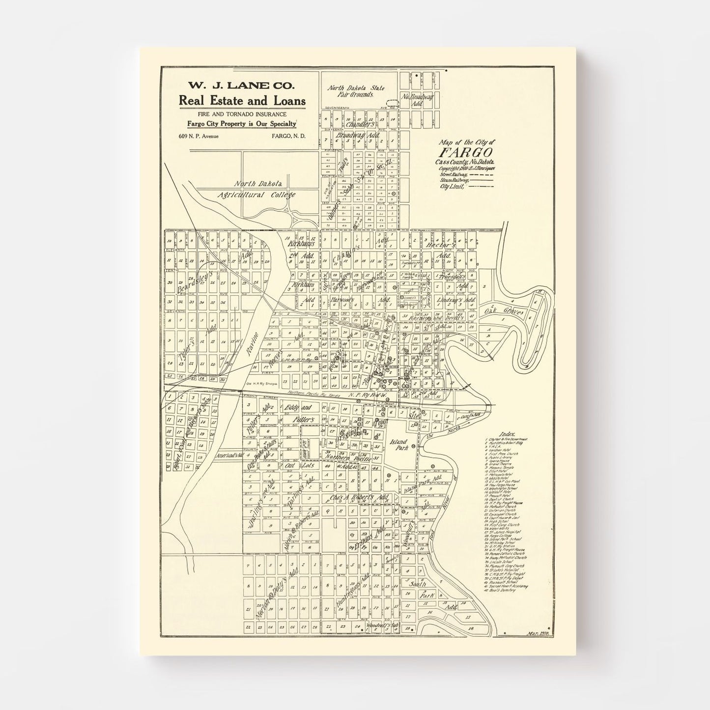 Vintage Map of Fargo, North Dakota, 1910
