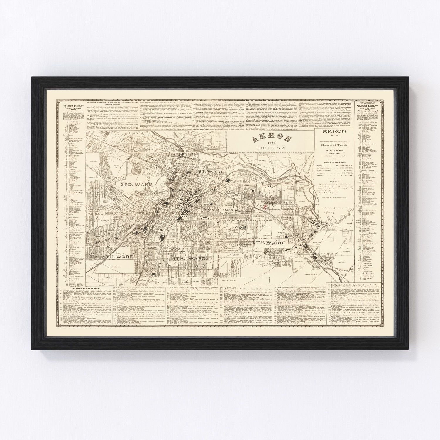 Vintage map of Akron, Ohio, 1889 - restored print