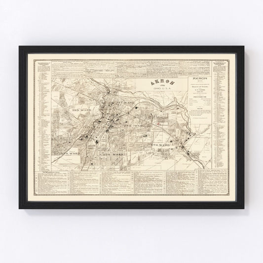 Vintage map of Akron, Ohio, 1889 - restored print