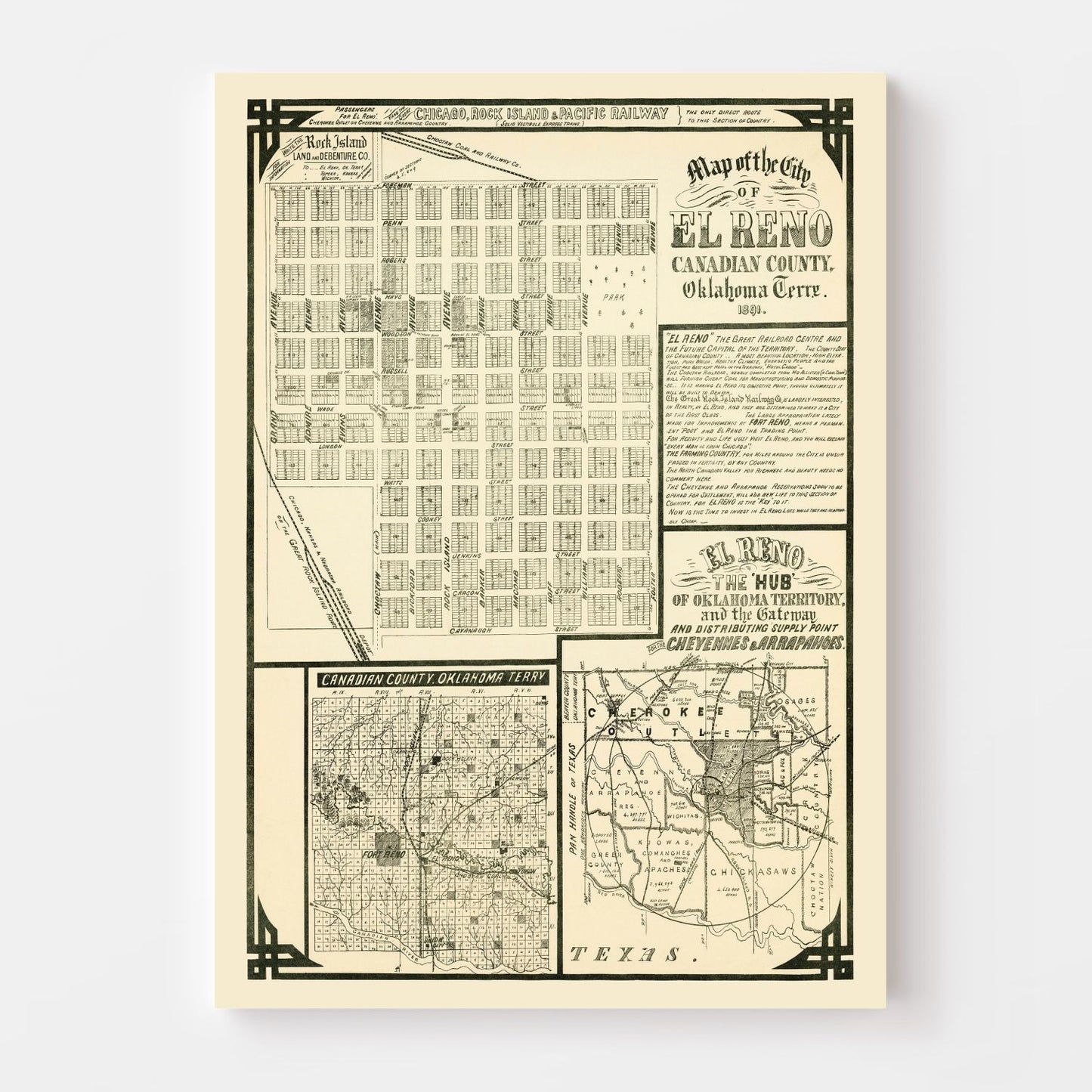 Vintage Map of El Reno, Oklahoma, 1891 (Canadian County Detail)