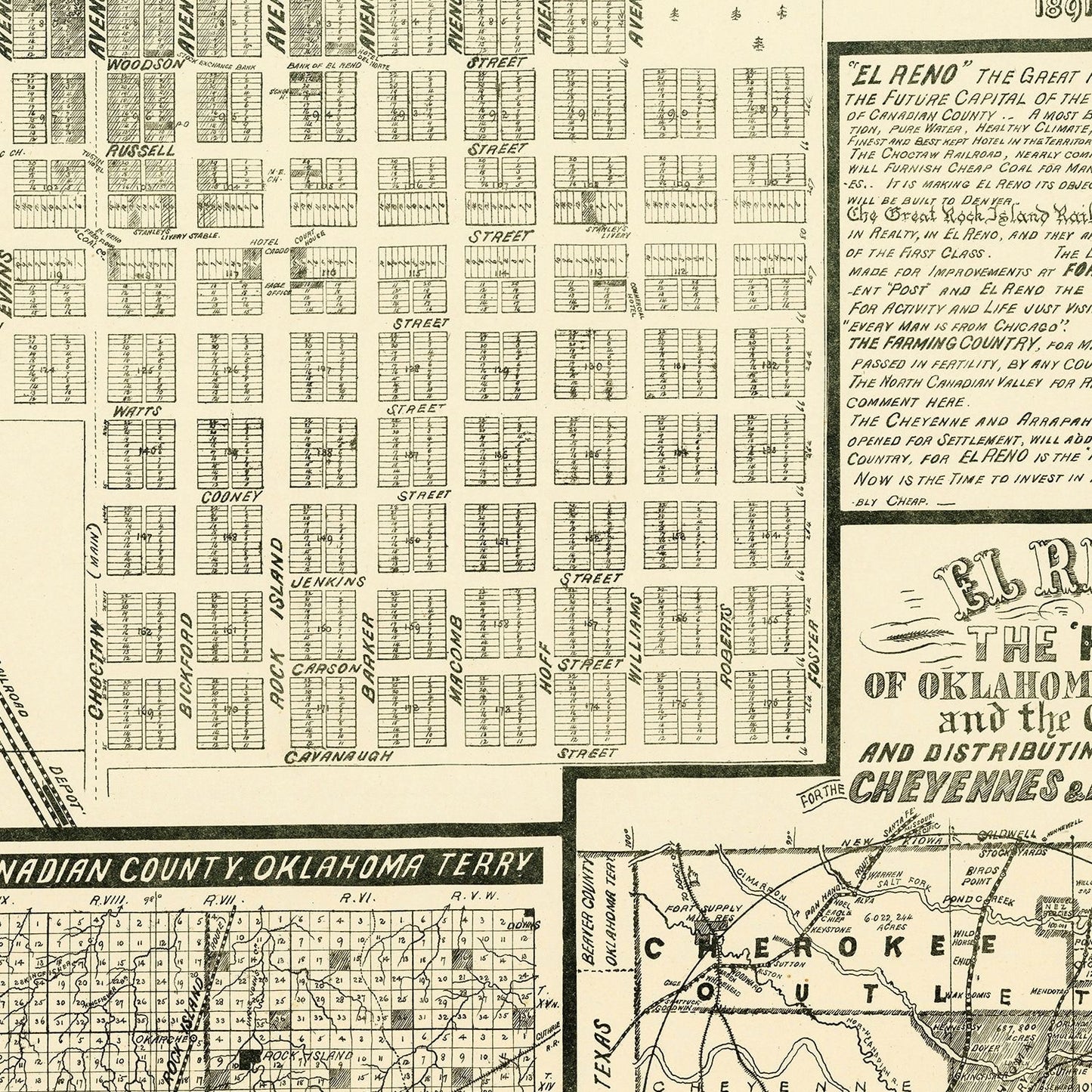 Vintage Map of El Reno, Oklahoma, 1891 (Canadian County Detail)
