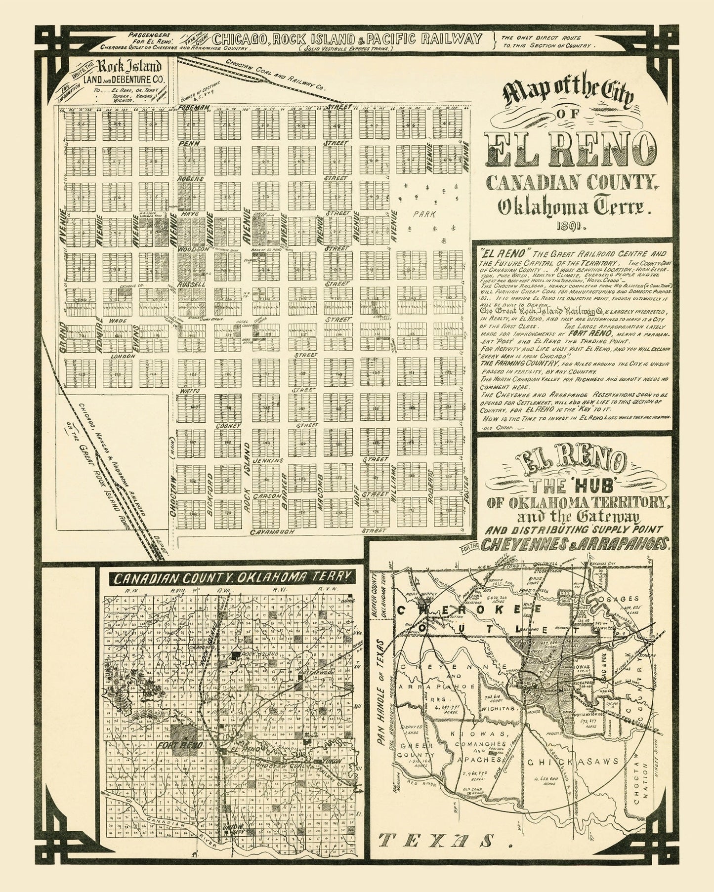 Vintage Map of El Reno, Oklahoma, 1891 (Canadian County Detail)