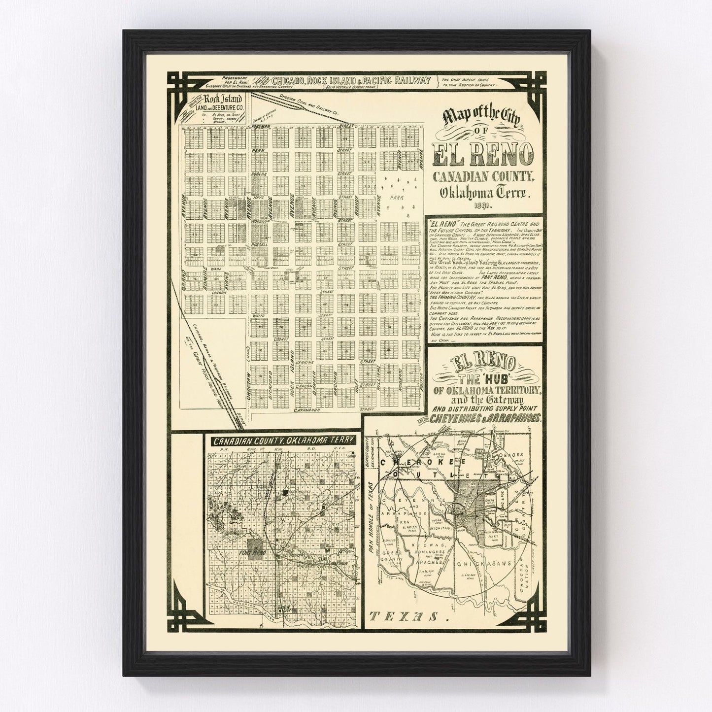 Vintage map of El Reno, Oklahoma, 1891