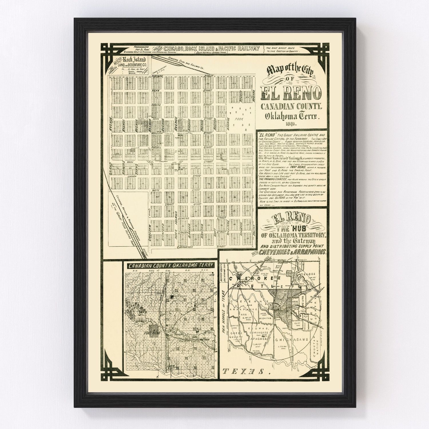 Vintage map of El Reno, Oklahoma, 1891