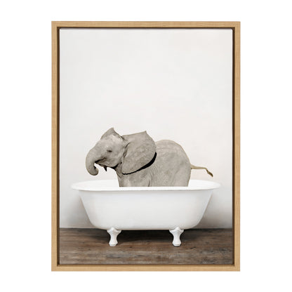 Baby Elephant in the Tub Framed Canvas Wall Art