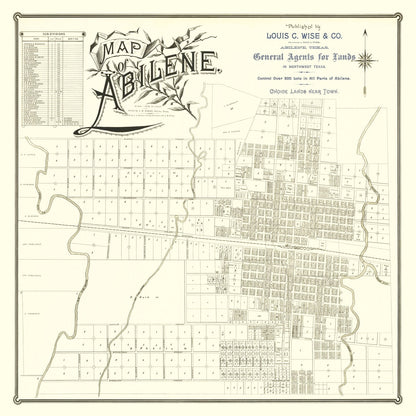 Vintage Map of Abilene, Texas, 1885 Wall Art