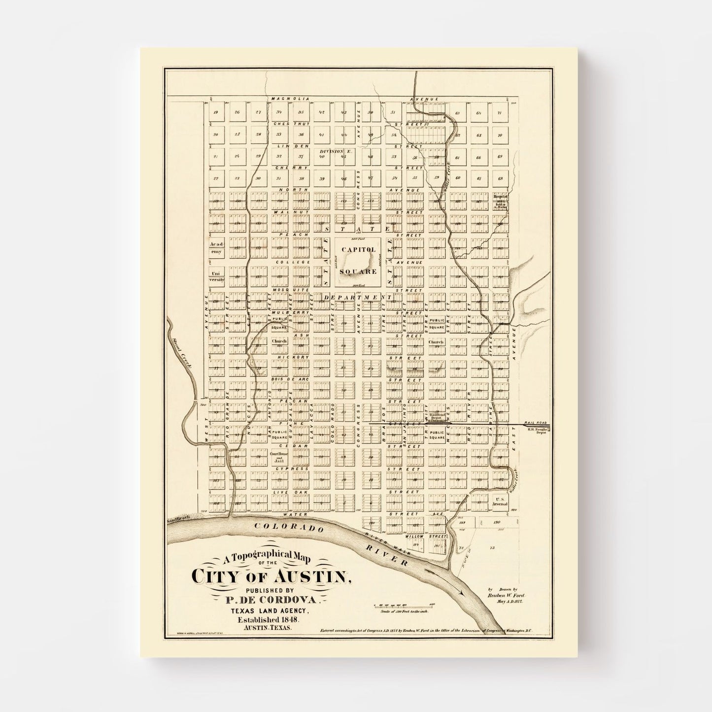 Vintage Map of Austin, Texas, 1872 Wall Art
