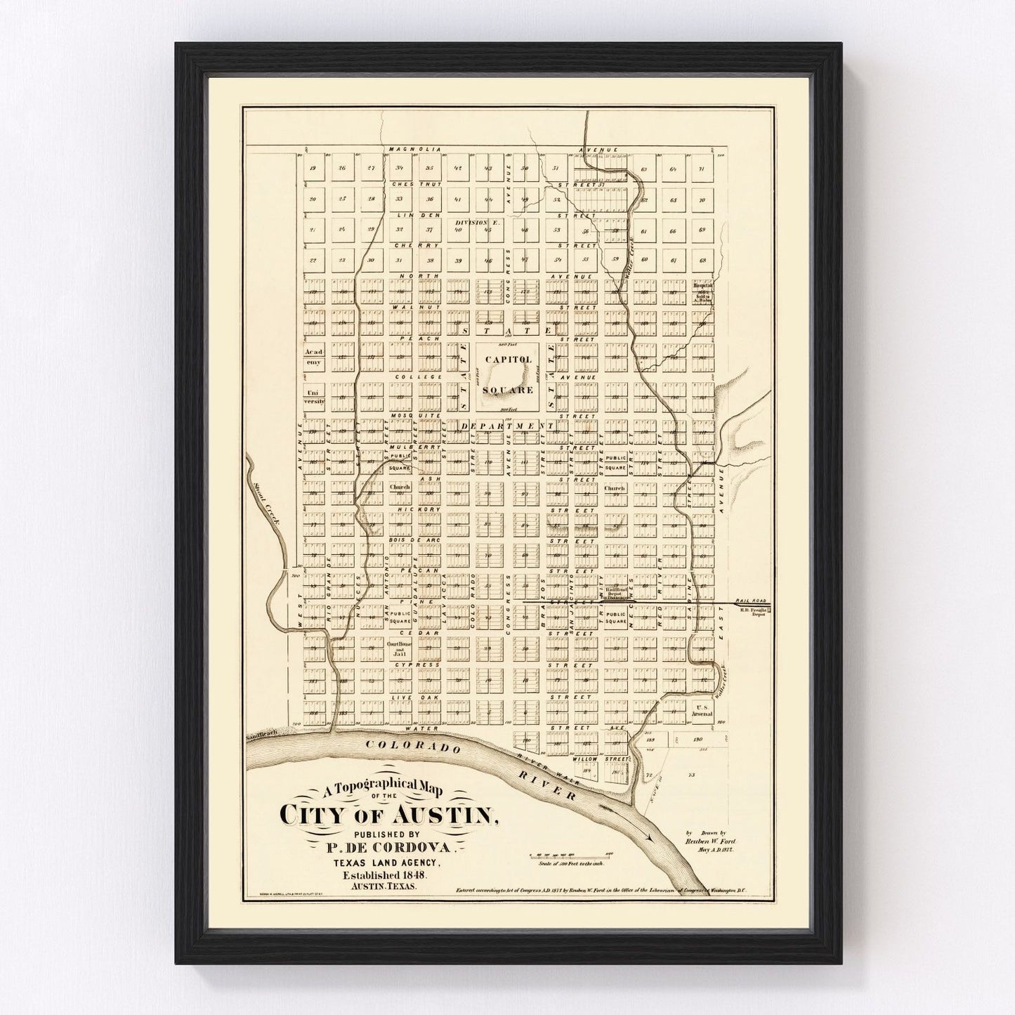 Vintage survey map of Austin, Texas Reconstruction-era streets, 1872