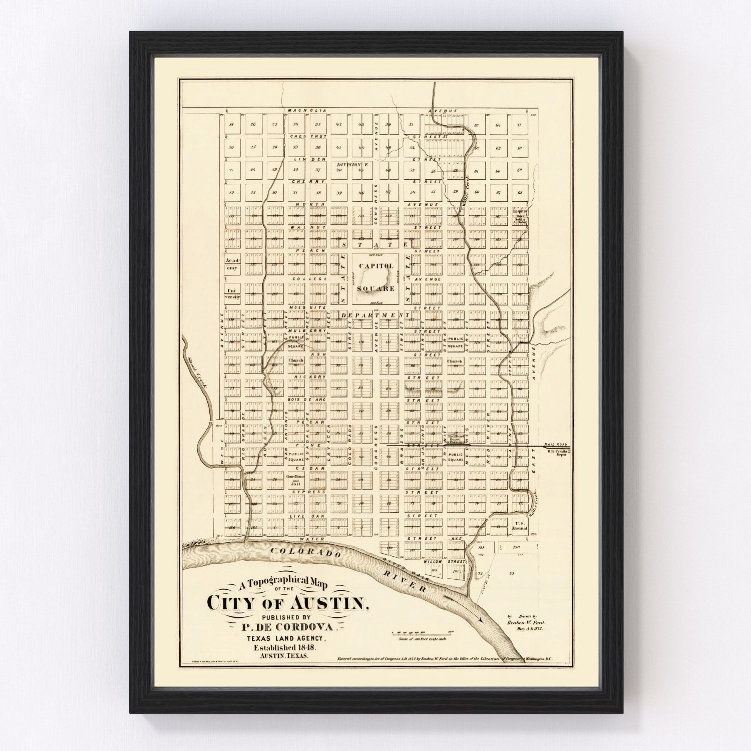 Vintage survey map of Austin, Texas Reconstruction-era streets, 1872