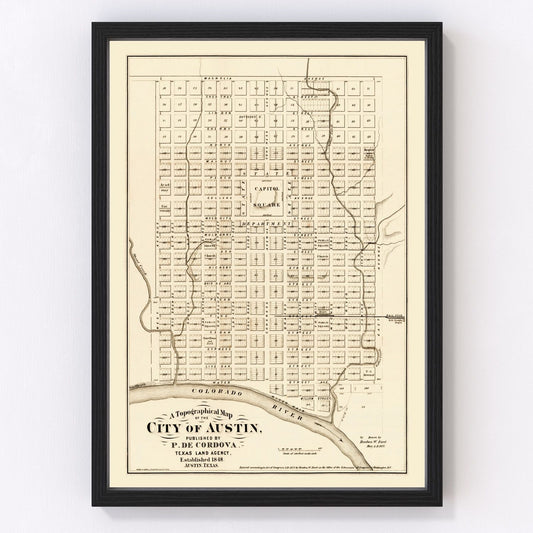 Vintage survey map of Austin, Texas Reconstruction-era streets, 1872