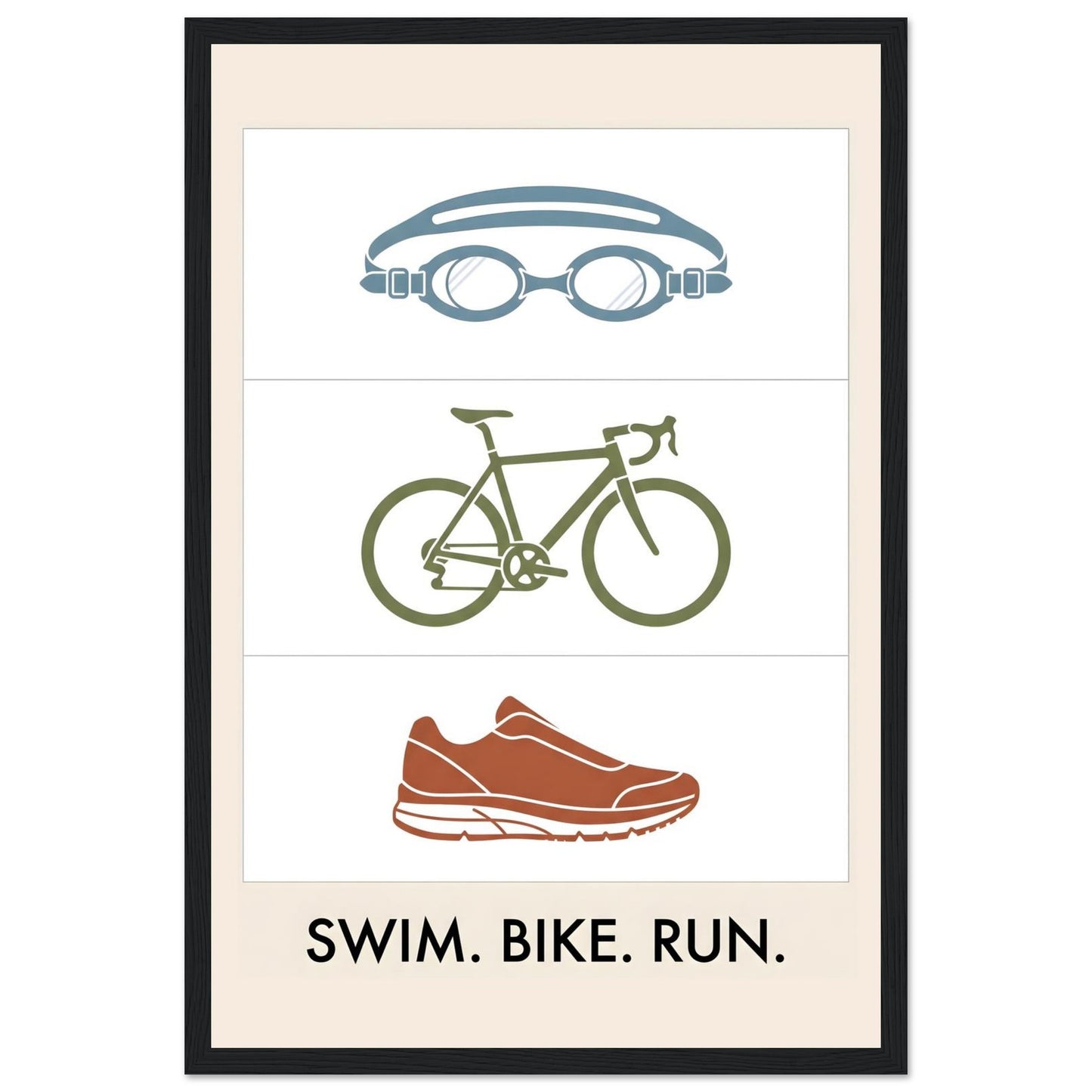 Swim Bike Run Poster: Minimalist Triathlon Icons Wall Art - 30x45 cm / 12x18″ - Black frame / Ready-to-hang - Sparkycare