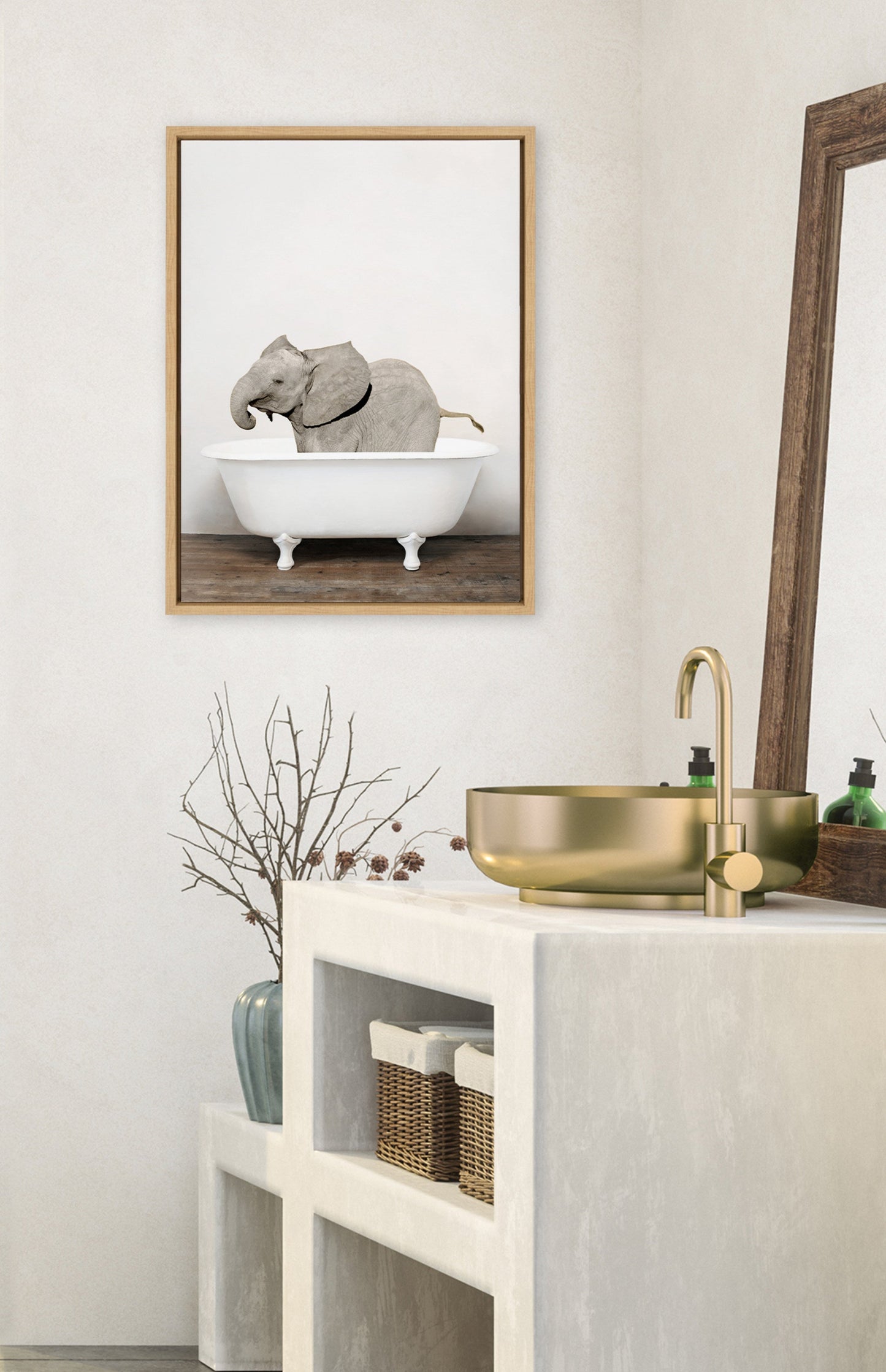 Baby Elephant in the Tub Framed Canvas Wall Art