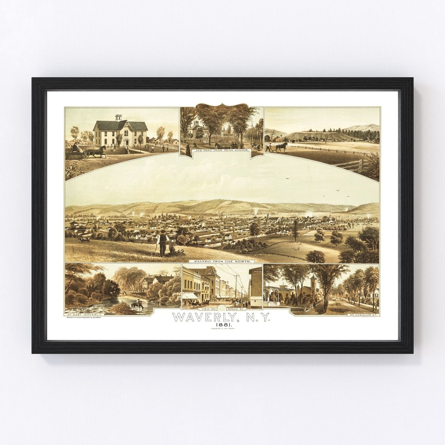 Vintage map of Waverly, New York, 1881, Tioga County Southern Tier rail village