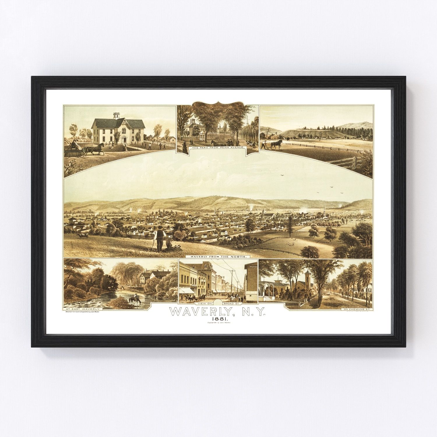 Vintage map of Waverly, New York, 1881, Tioga County Southern Tier rail village