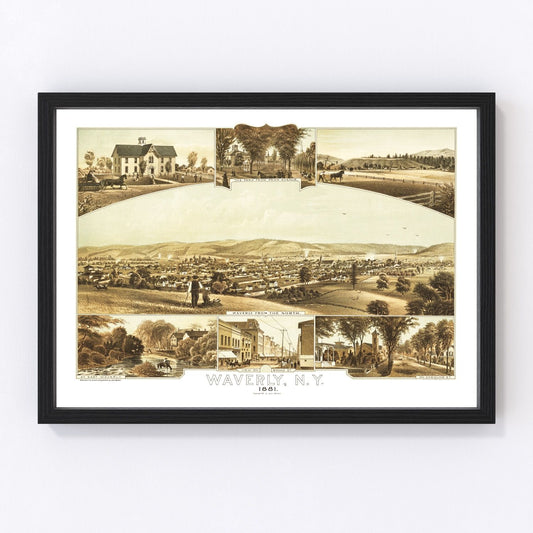 Vintage map of Waverly, New York, 1881, Tioga County Southern Tier rail village