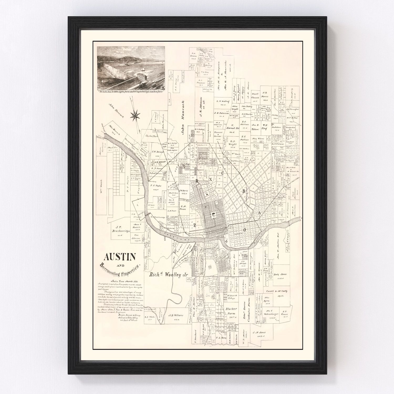 Vintage map of Austin, Texas Gilded Age with new state capitol, 1891