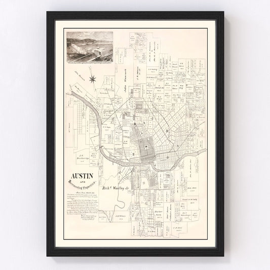 Vintage map of Austin, Texas Gilded Age with new state capitol, 1891