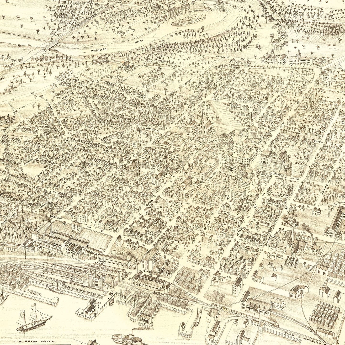 Vintage Map of Burlington, Vermont, 1877