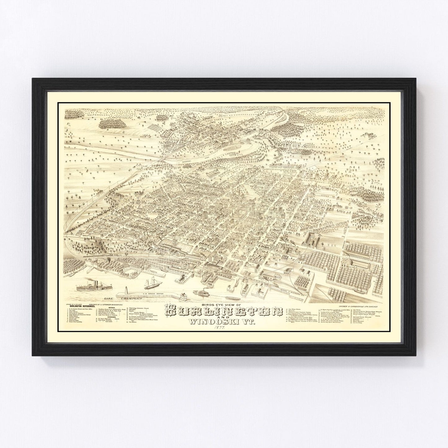 Vintage map of Burlington, Vermont, 1877, Chittenden County restored print