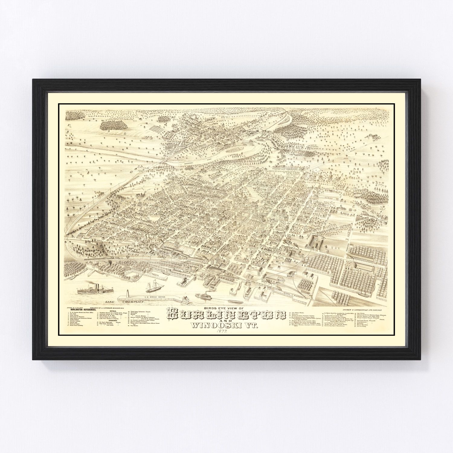 Vintage map of Burlington, Vermont, 1877, Chittenden County restored print
