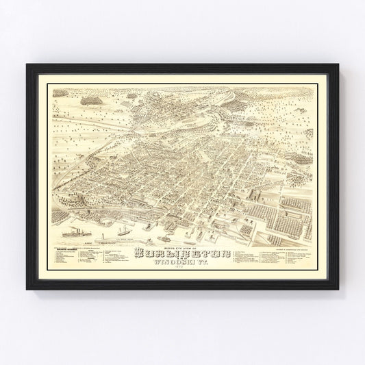Vintage map of Burlington, Vermont, 1877, Chittenden County restored print