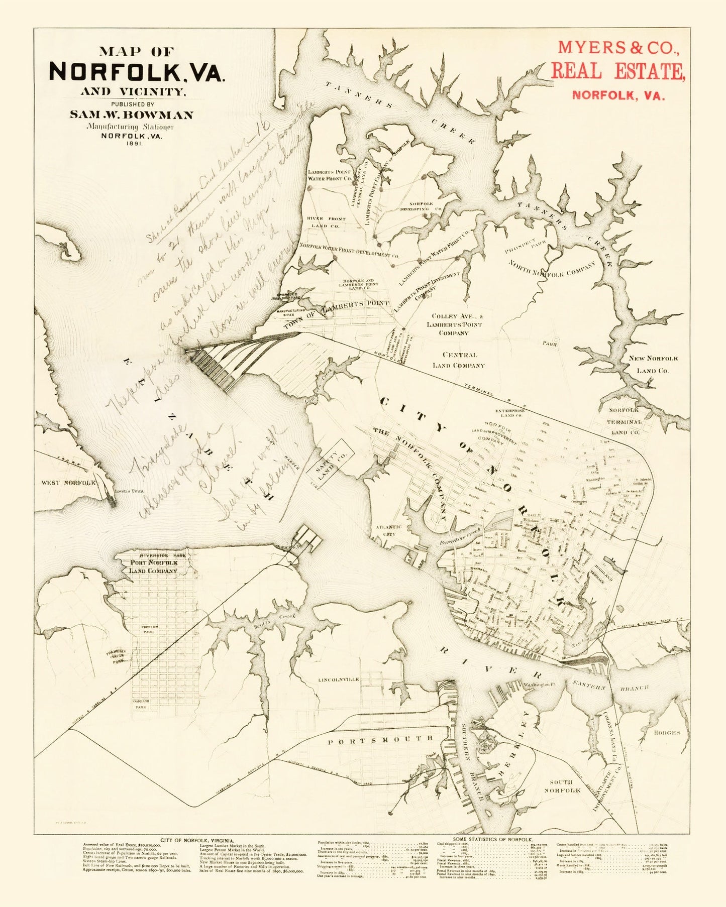 Vintage Map of Norfolk, Virginia, 1891 II