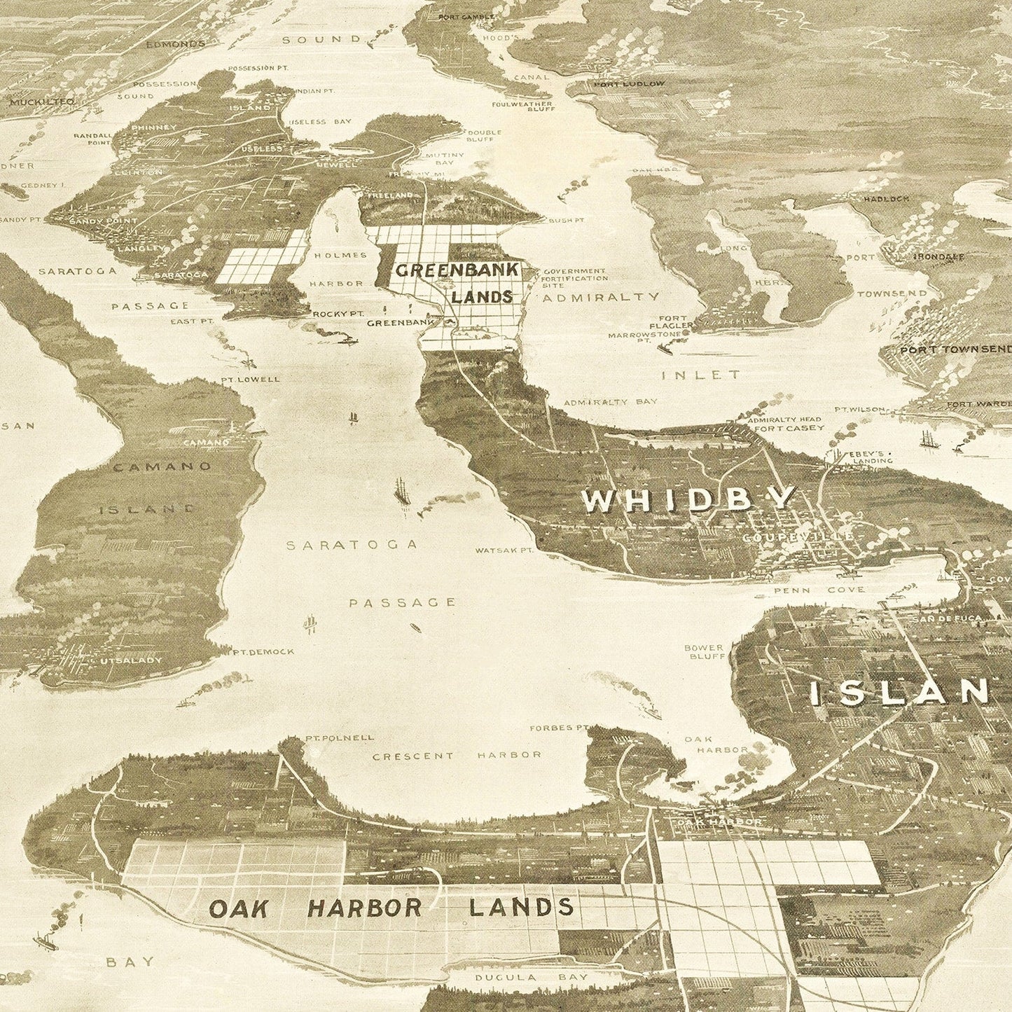 Vintage Map of Whidbey Island, Washington 1910