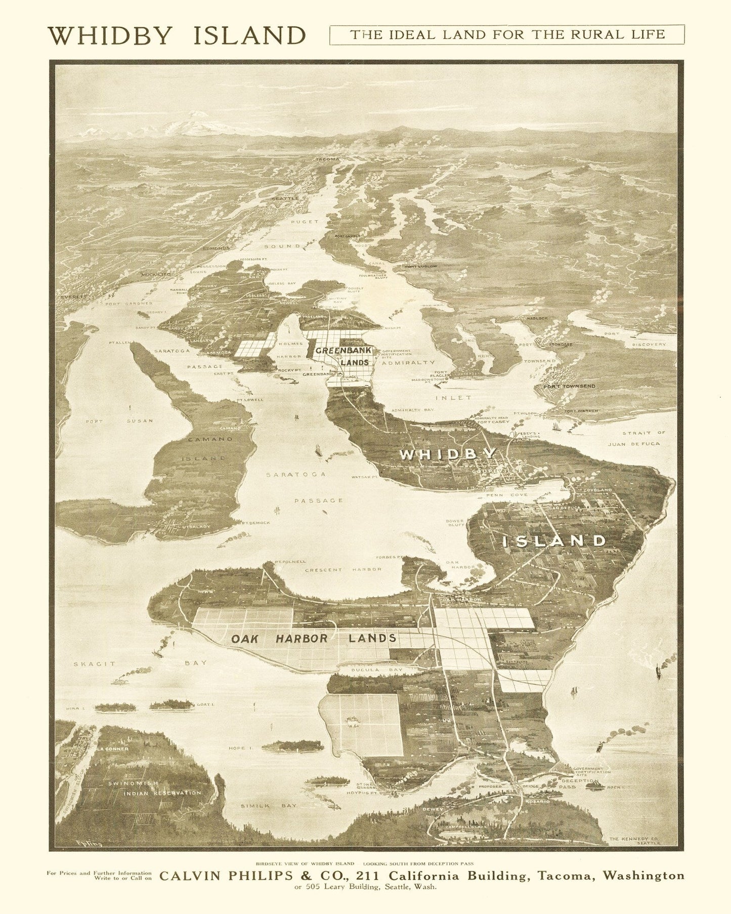 Vintage Map of Whidbey Island, Washington 1910