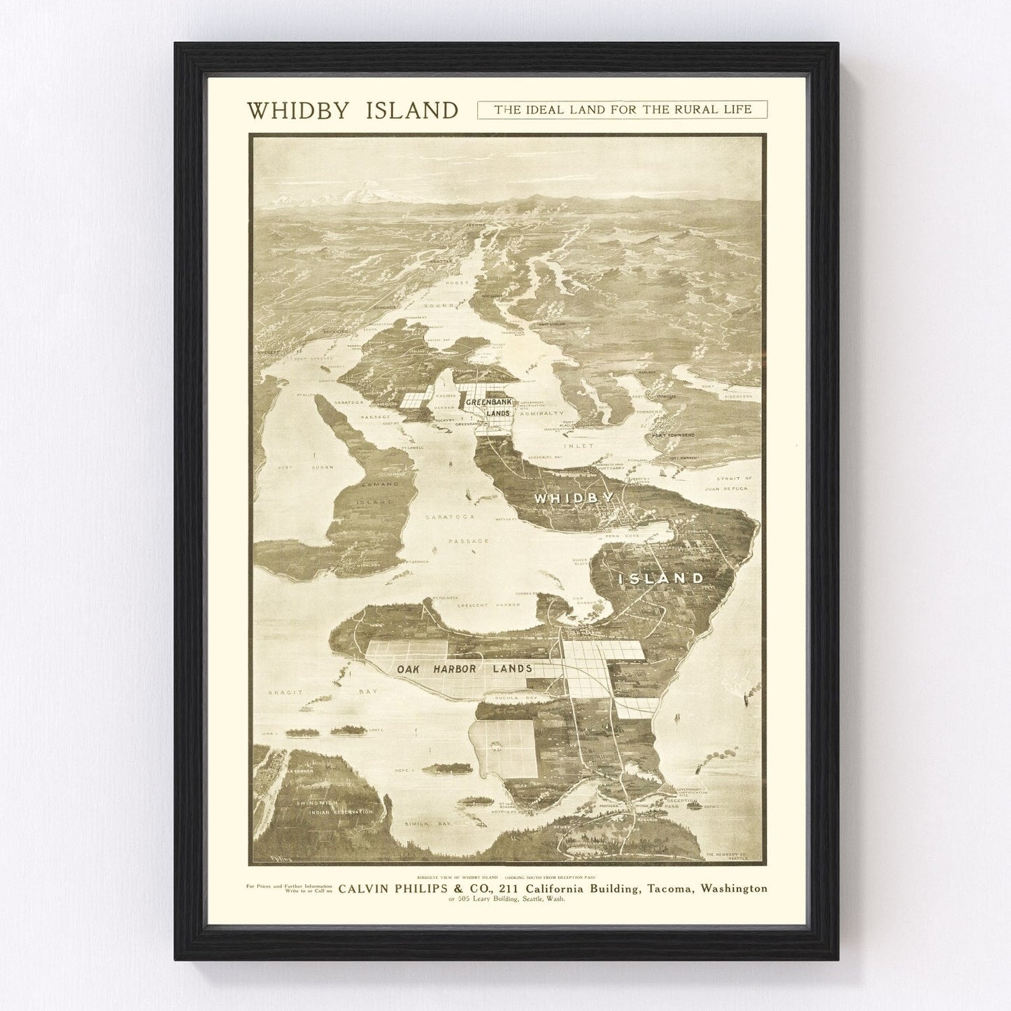 Vintage map of Whidbey Island, Washington, 1910 - Island County Puget Sound restored print