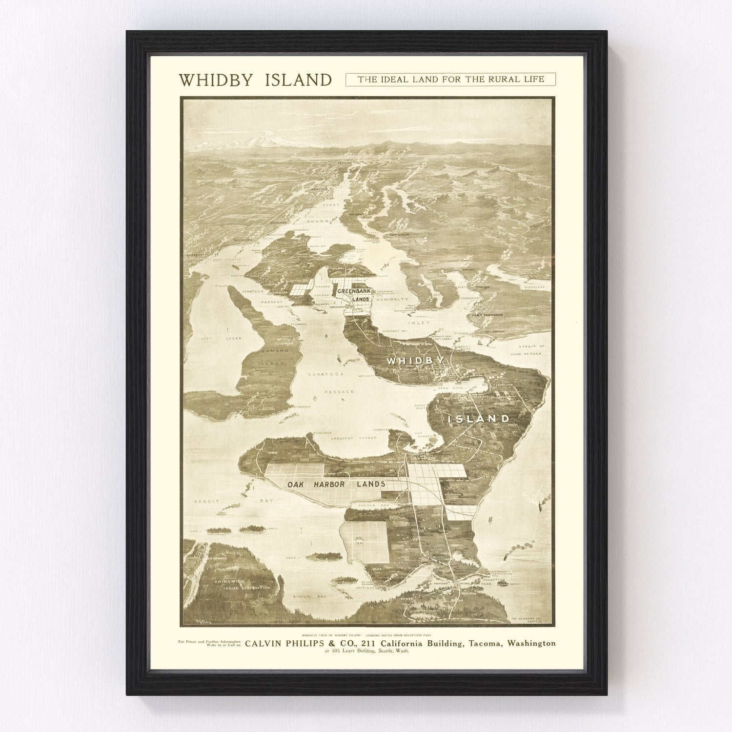 Vintage map of Whidbey Island, Washington, 1910 - Island County Puget Sound restored print