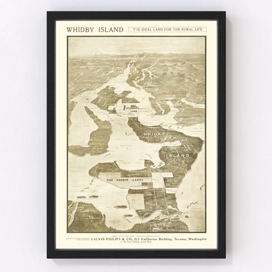 Vintage map of Whidbey Island, Washington, 1910 - Island County Puget Sound restored print