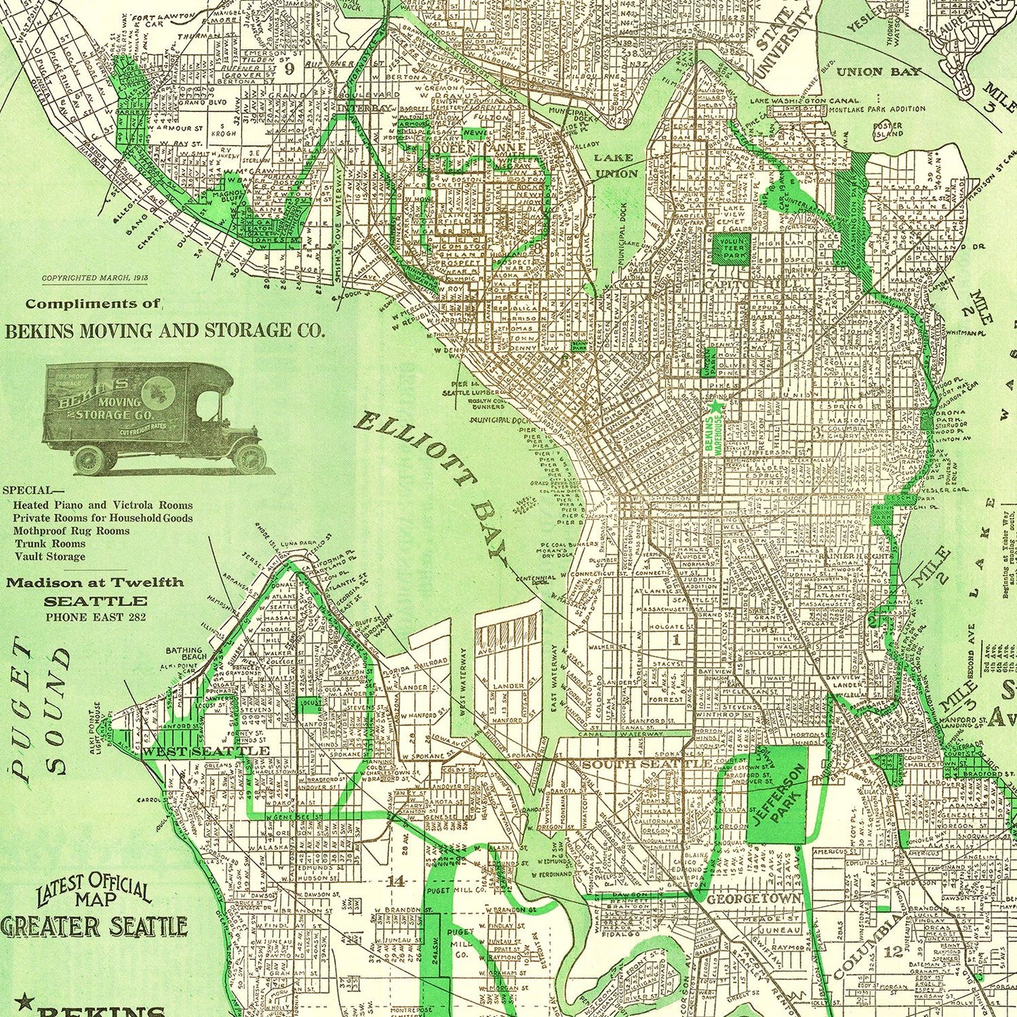 Vintage Map of Seattle, Washington, 1913