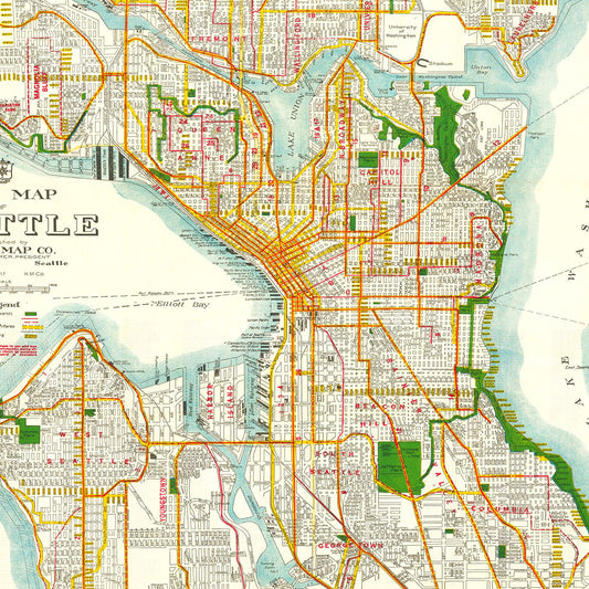 Vintage Map of Seattle, Washington, 1929