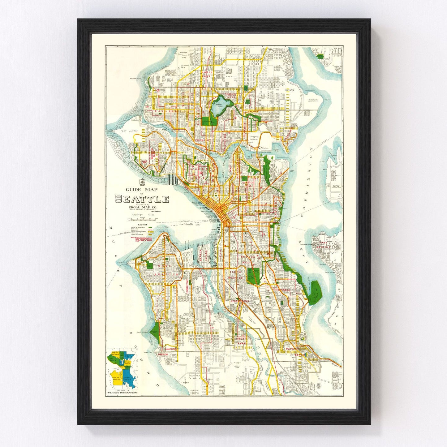 vintage map of Seattle, Washington, 1929