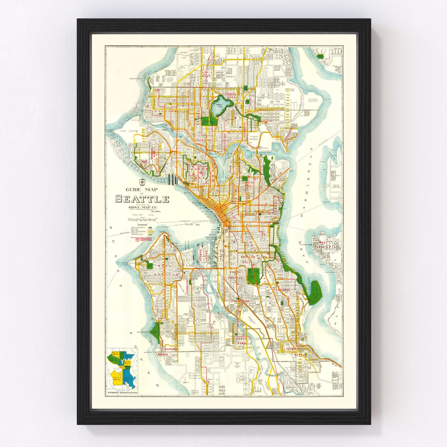 vintage map of Seattle, Washington, 1929