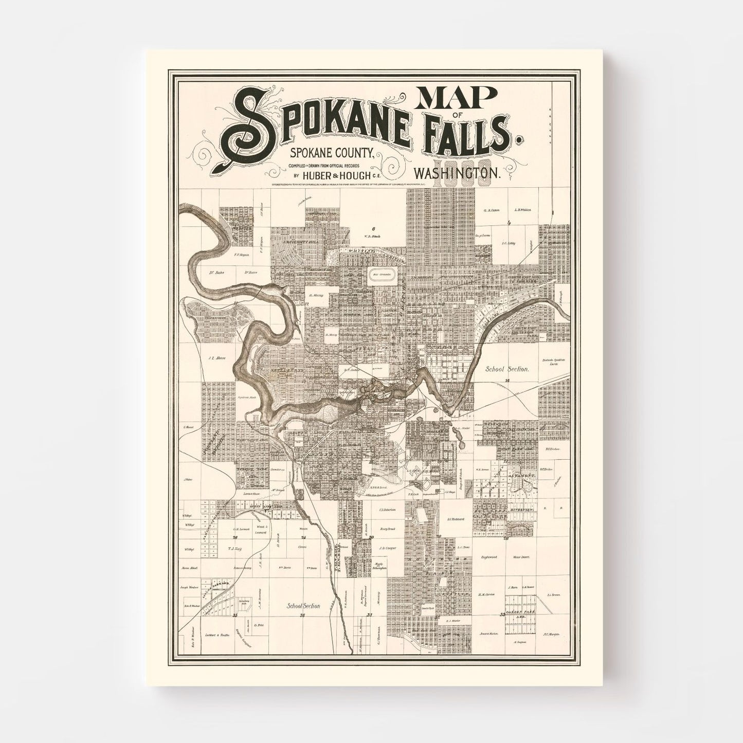 Vintage Map of Spokane Falls, Washington, 1889
