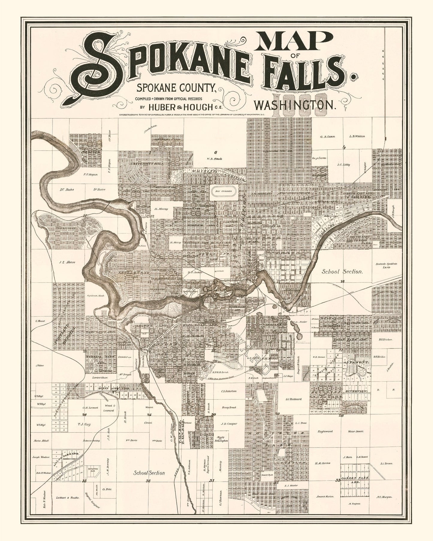 Vintage Map of Spokane Falls, Washington, 1889