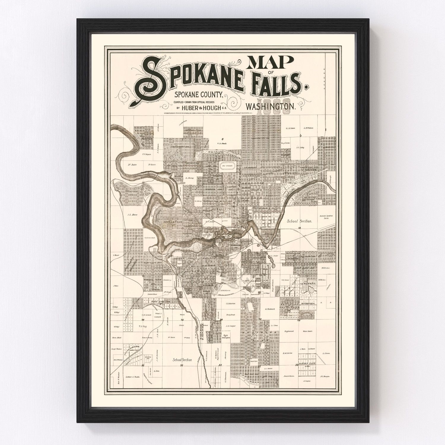 vintage map of Spokane Falls, Washington, 1889