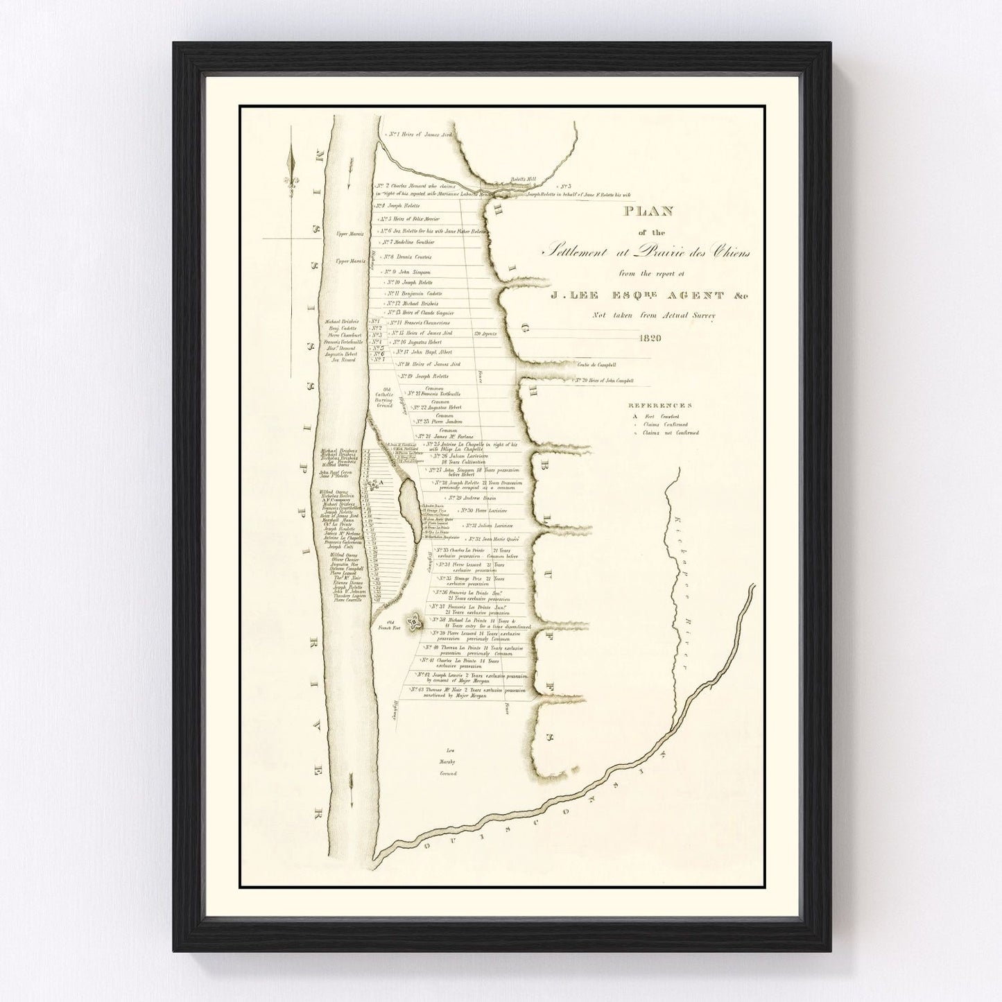Vintage map of Prairie du Chien, Wisconsin, 1834