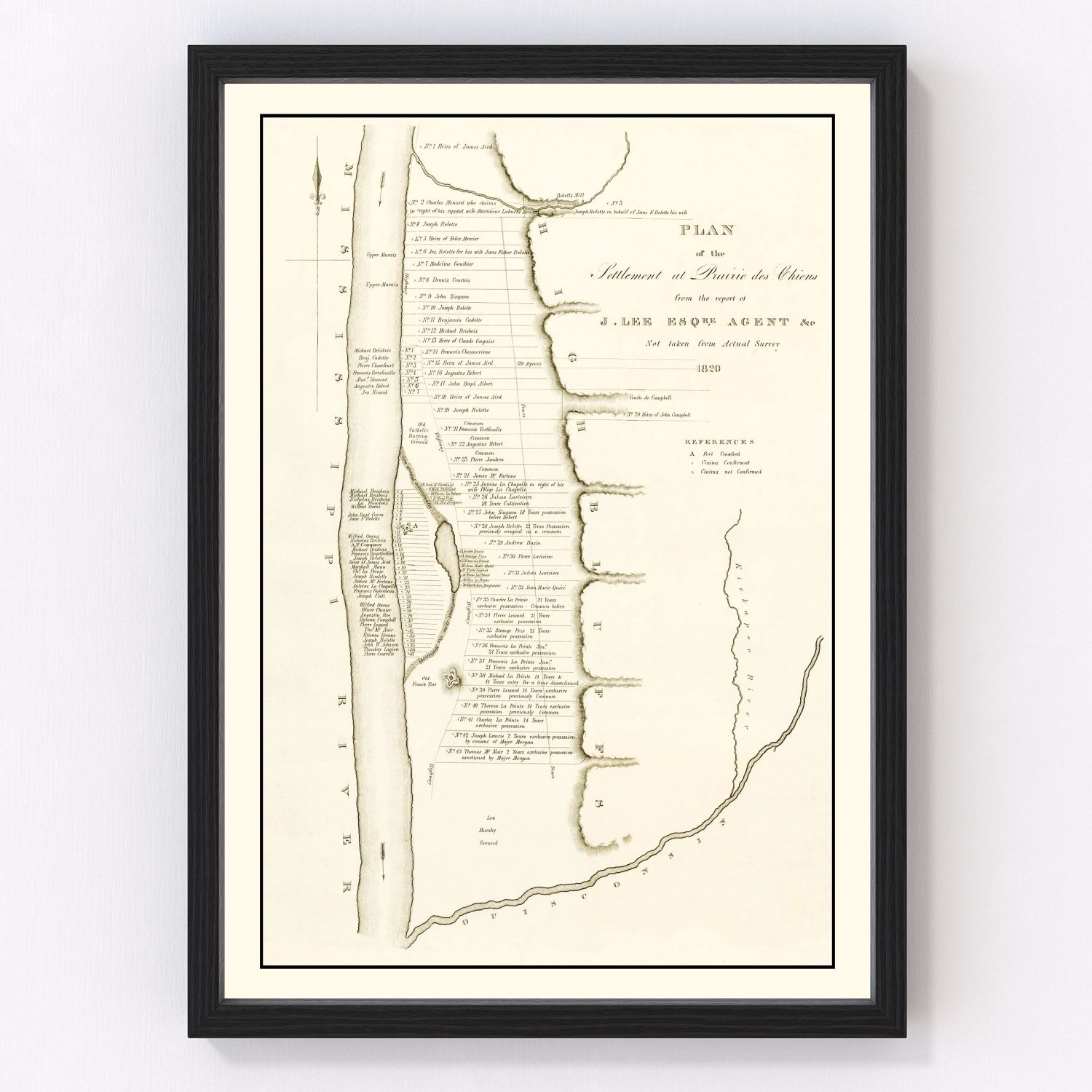 Vintage map of Prairie du Chien, Wisconsin, 1834