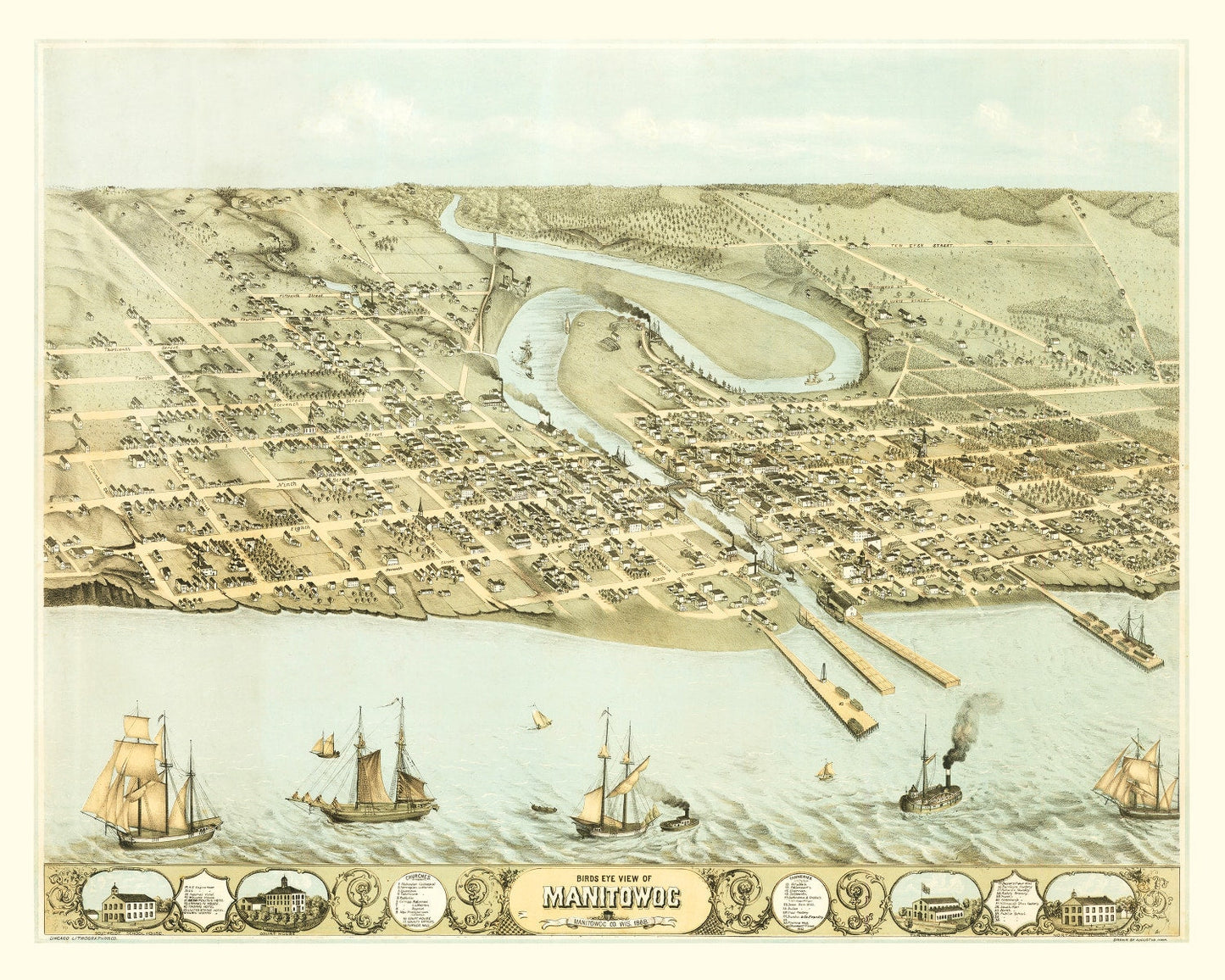 Vintage Map of Manitowoc, Wisconsin, 1868