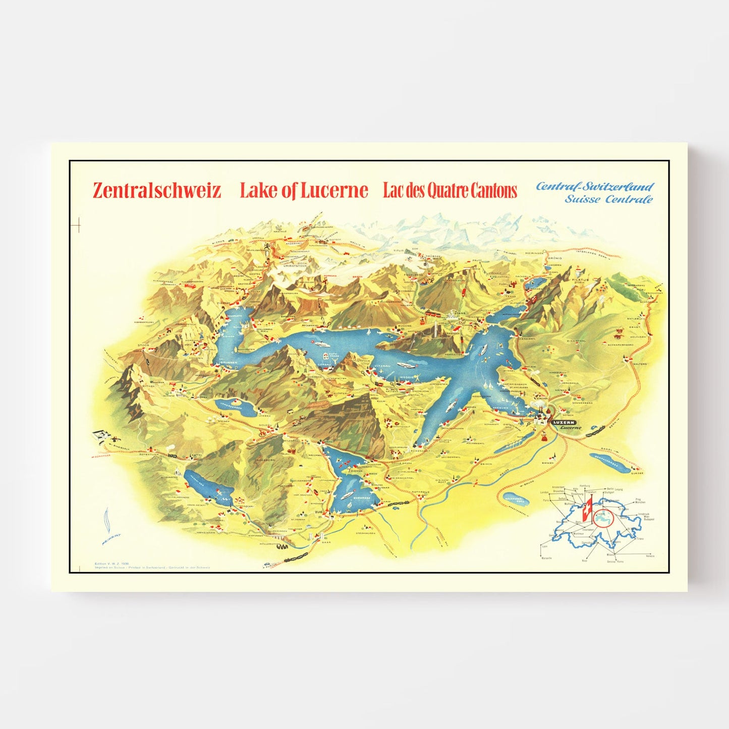 Vintage Map of Lake Lucerne, Switzerland, 1938