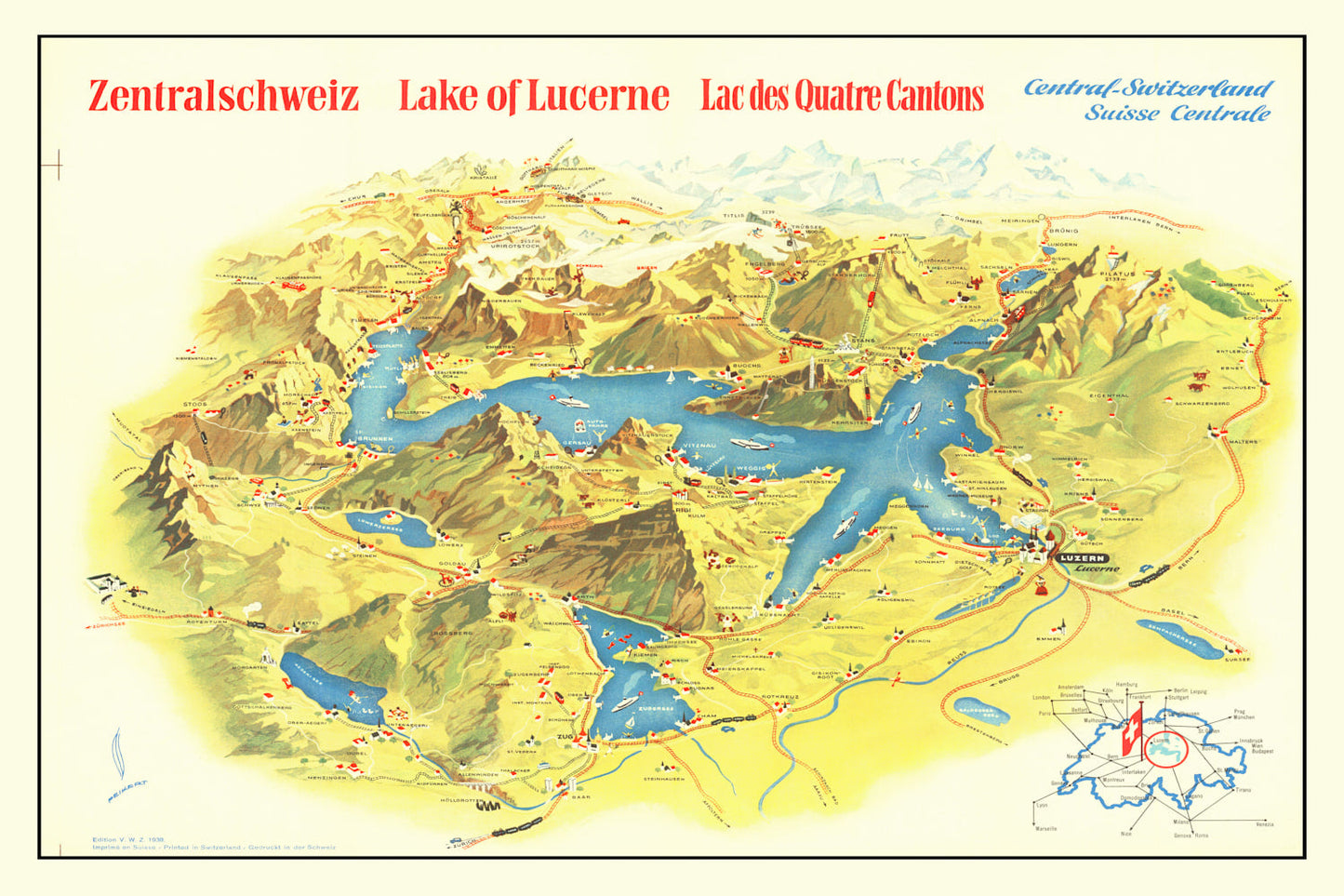 Vintage Map of Lake Lucerne, Switzerland, 1938