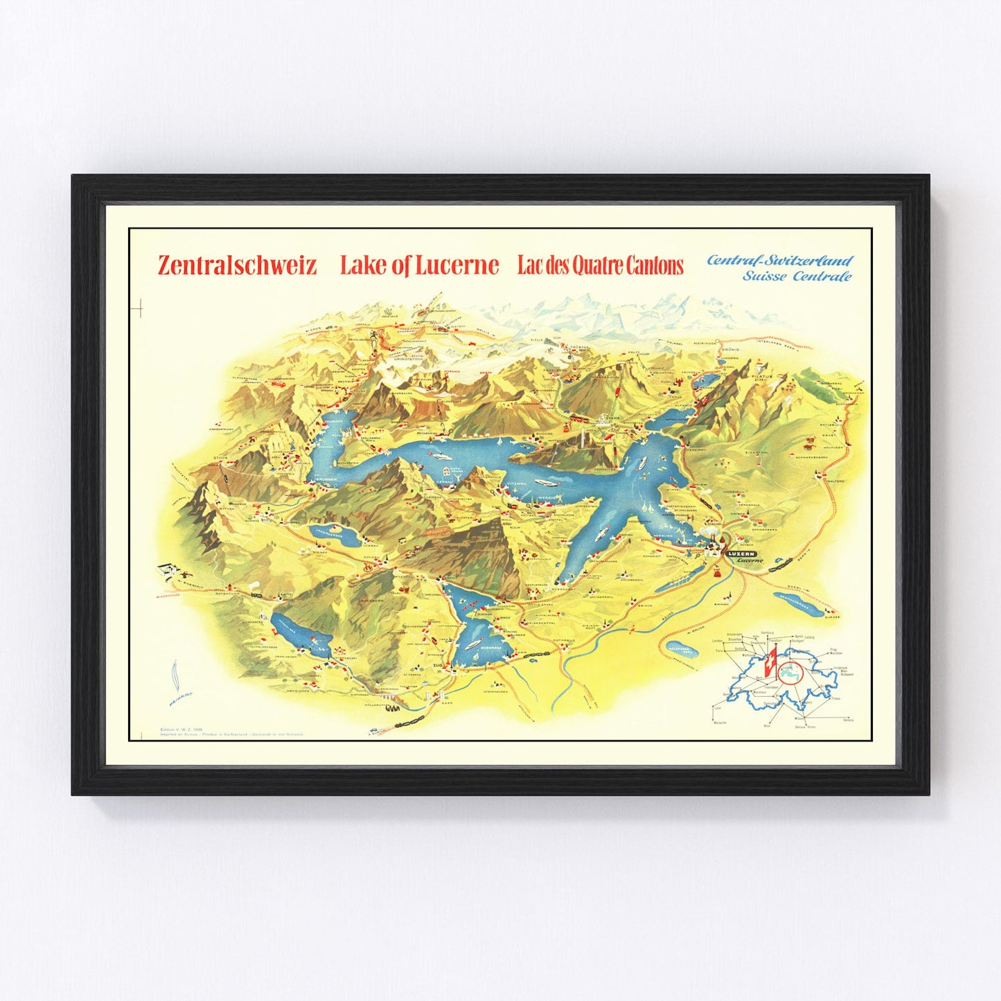 vintage map of Lake Lucerne, Switzerland, 1938