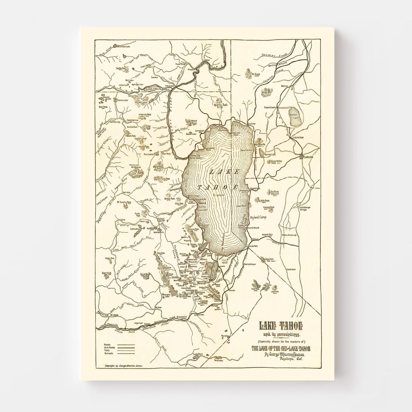 Vintage Map of Lake Tahoe, California, 1915