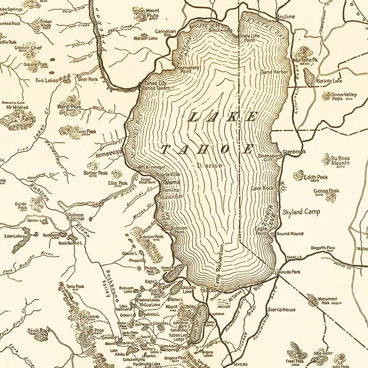 Vintage Map of Lake Tahoe, California, 1915