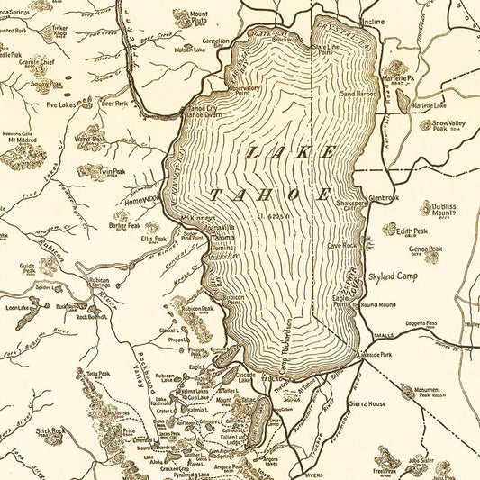 Vintage Map of Lake Tahoe, California, 1915