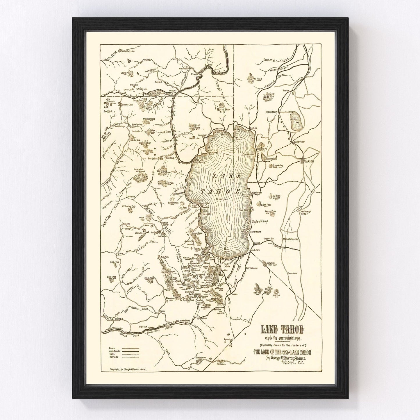 Vintage map of Lake Tahoe, California, 1915