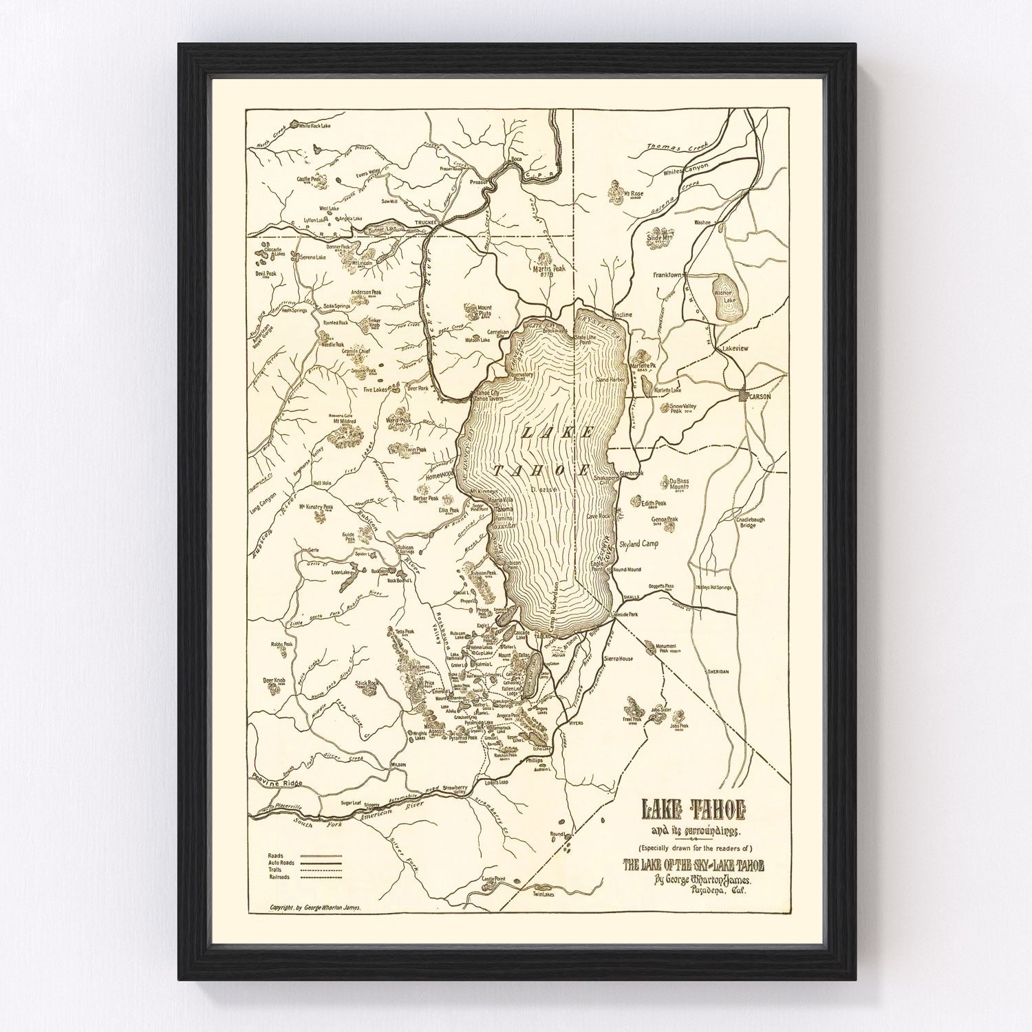 Vintage map of Lake Tahoe, California, 1915