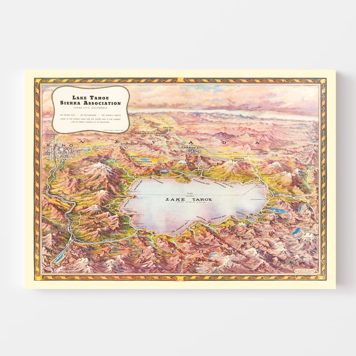 Vintage Map of Lake Tahoe, California, 1945